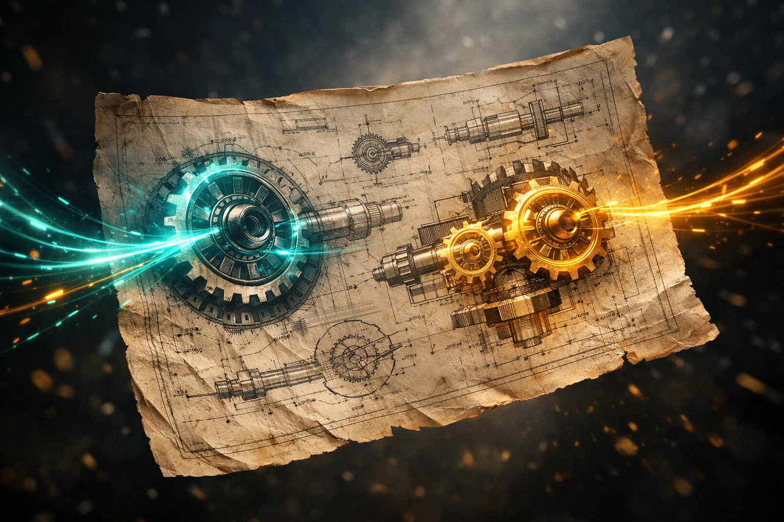 Old engineering blueprints being transformed by AI — messy factory documents becoming structured knowledge