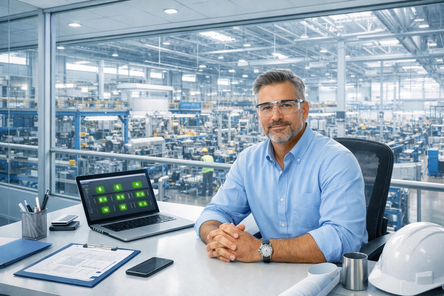 Plant manager calmly reviewing data on a laptop
