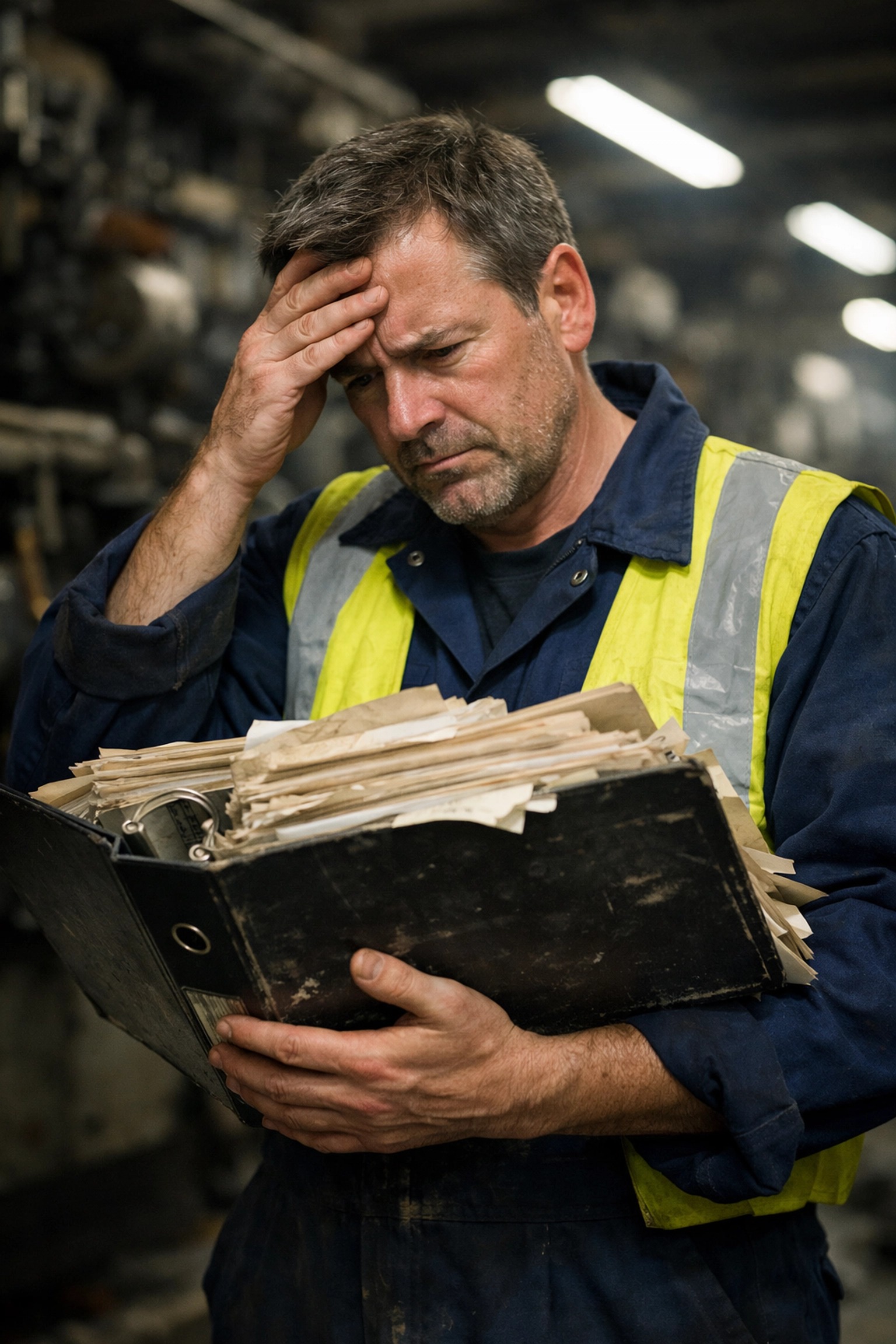 Maintenance engineer frustrated while looking through a thick paper manual